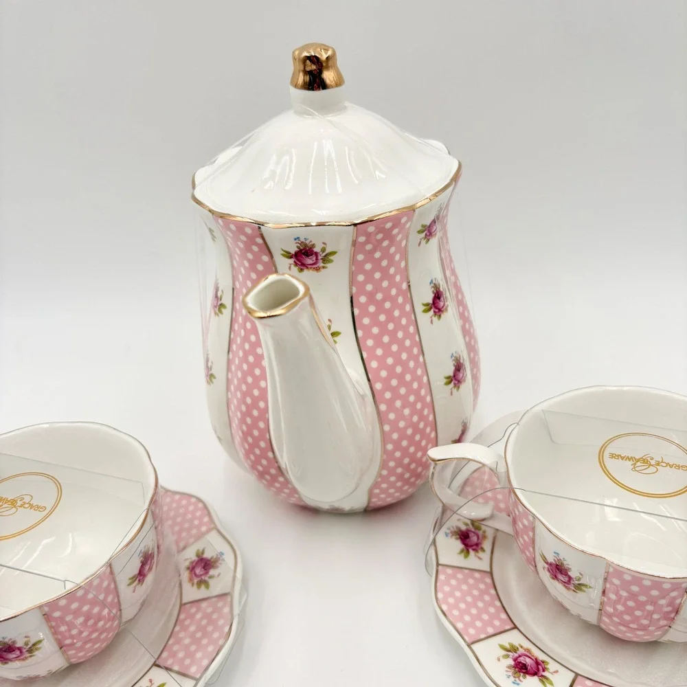 Grace Teaware Pink‎ Polka Dot Rose Floral Porcelain Teapot and 2 Cup Saucer Set